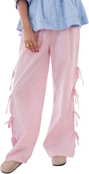 Women Y2K Plaid Stripe Pants Side Tie-Up Wide-Leg Straight Trousers Vintage Lounge Pants Sweatpants Pjs Bottoms