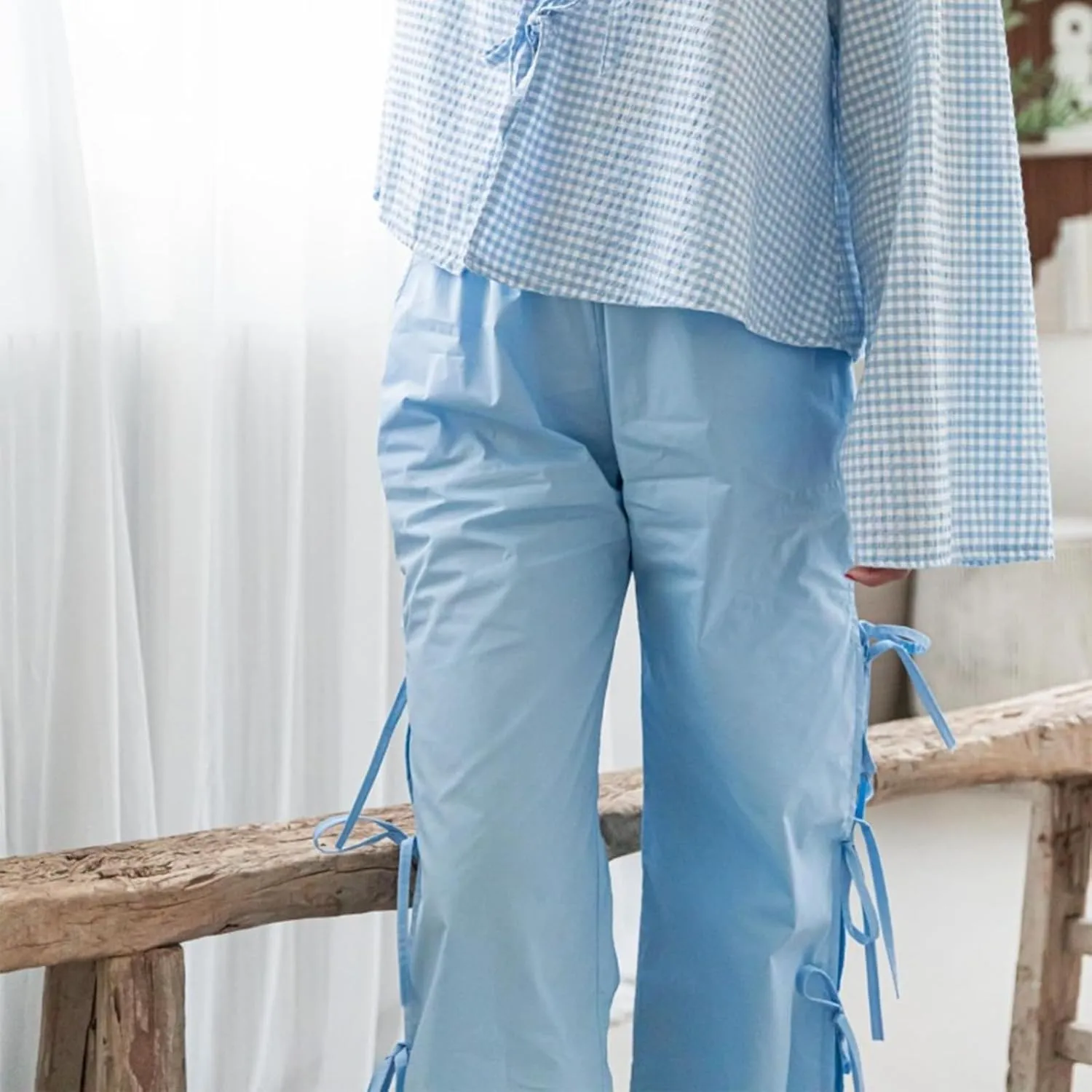 Women Y2K Plaid Stripe Pants Side Tie-Up Wide-Leg Straight Trousers Vintage Lounge Pants Sweatpants Pjs Bottoms