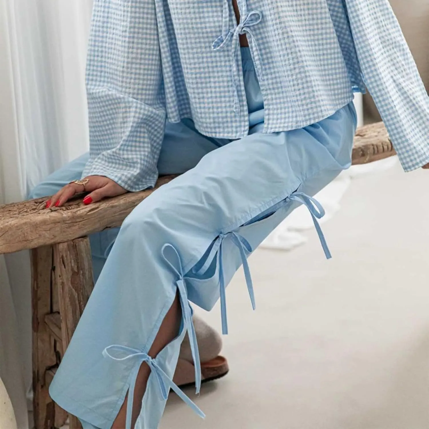 Women Y2K Plaid Stripe Pants Side Tie-Up Wide-Leg Straight Trousers Vintage Lounge Pants Sweatpants Pjs Bottoms