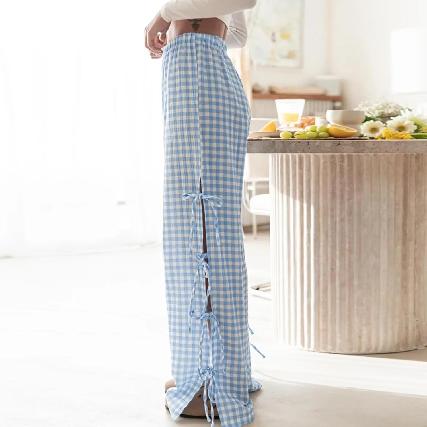 Women Y2K Plaid Stripe Pants Side Tie-Up Wide-Leg Straight Trousers Vintage Lounge Pants Sweatpants Pjs Bottoms