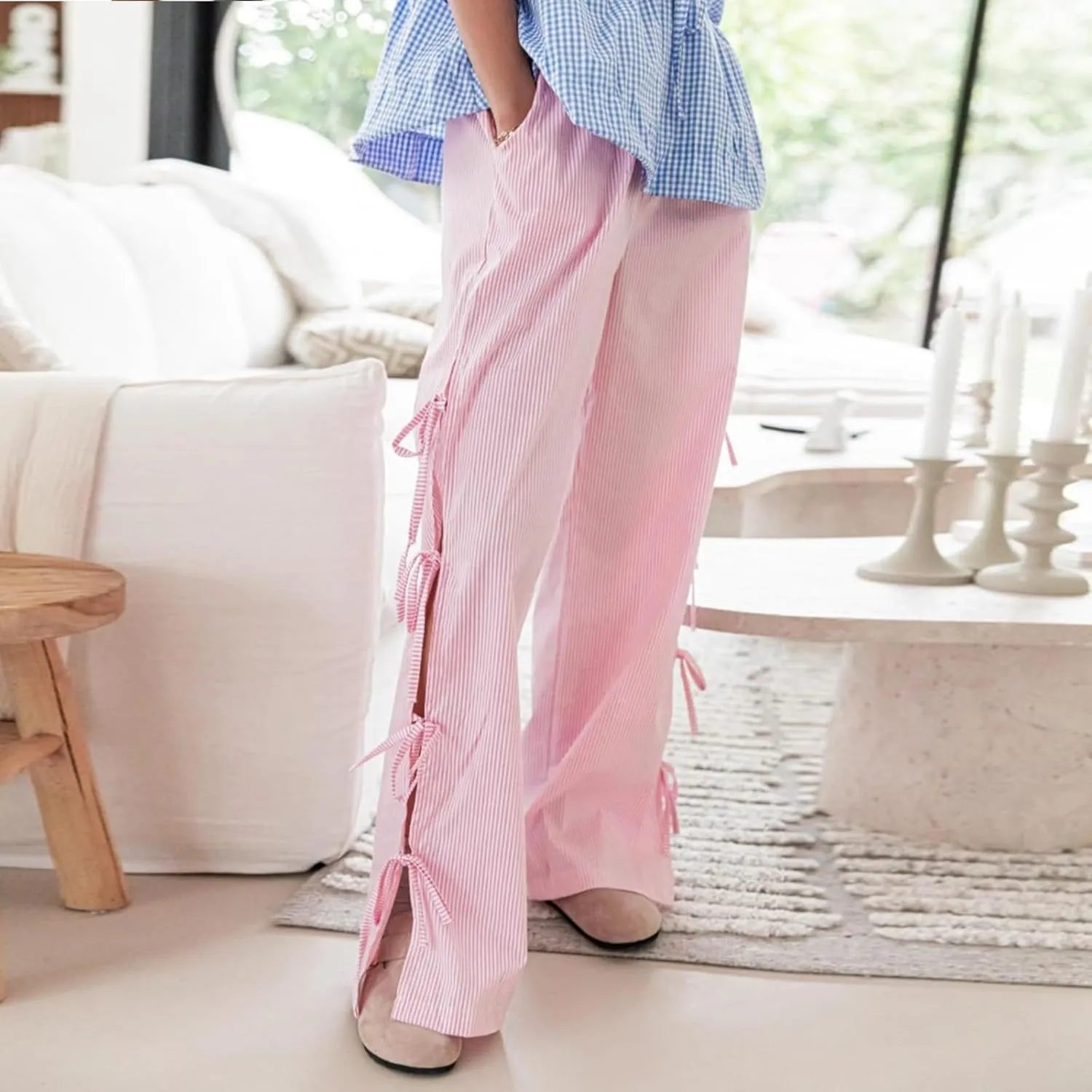 Women Y2K Plaid Stripe Pants Side Tie-Up Wide-Leg Straight Trousers Vintage Lounge Pants Sweatpants Pjs Bottoms