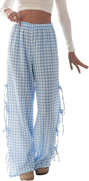 Women Y2K Plaid Stripe Pants Side Tie-Up Wide-Leg Straight Trousers Vintage Lounge Pants Sweatpants Pjs Bottoms