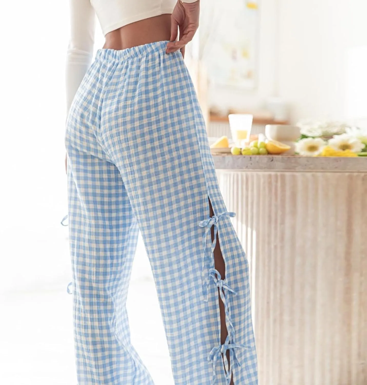 Women Y2K Plaid Stripe Pants Side Tie-Up Wide-Leg Straight Trousers Vintage Lounge Pants Sweatpants Pjs Bottoms