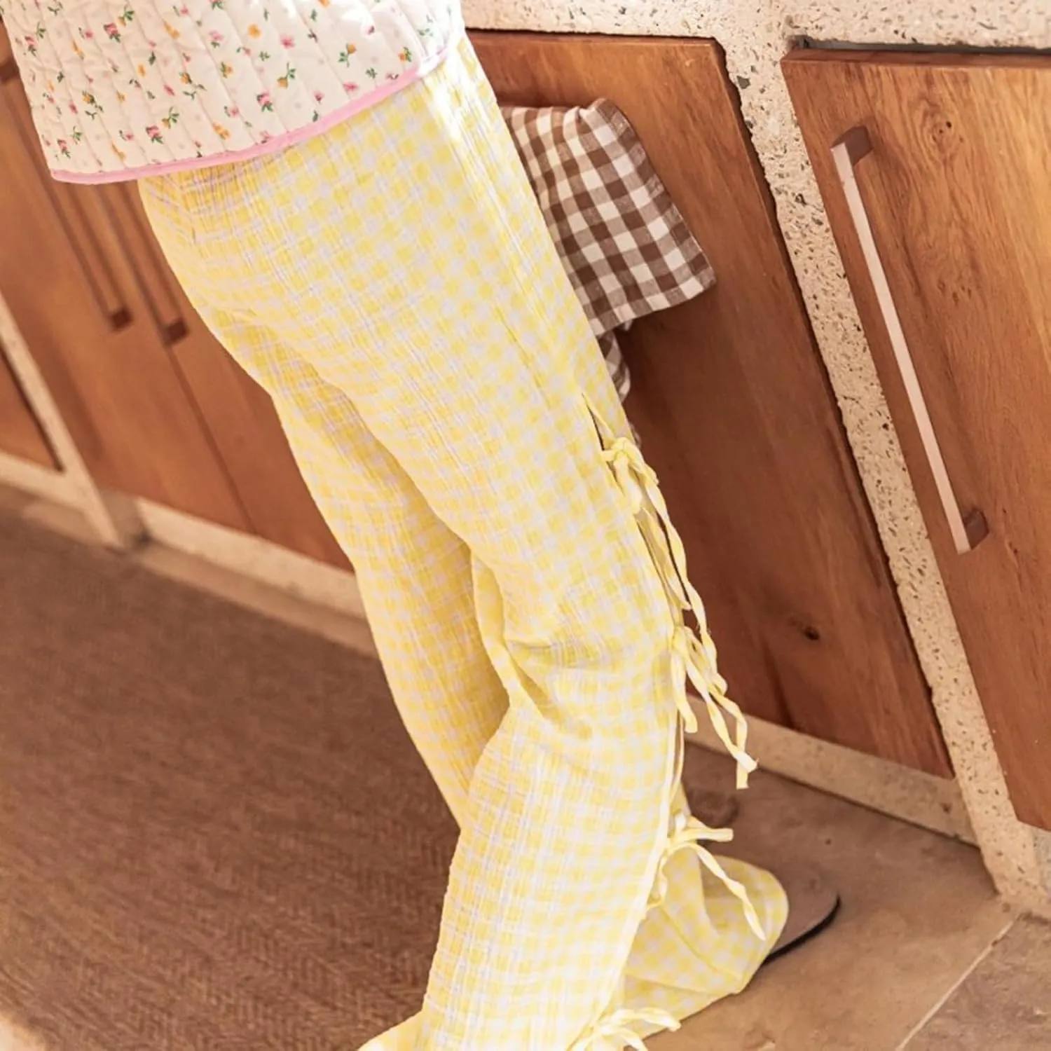 Women Y2K Plaid Stripe Pants Side Tie-Up Wide-Leg Straight Trousers Vintage Lounge Pants Sweatpants Pjs Bottoms