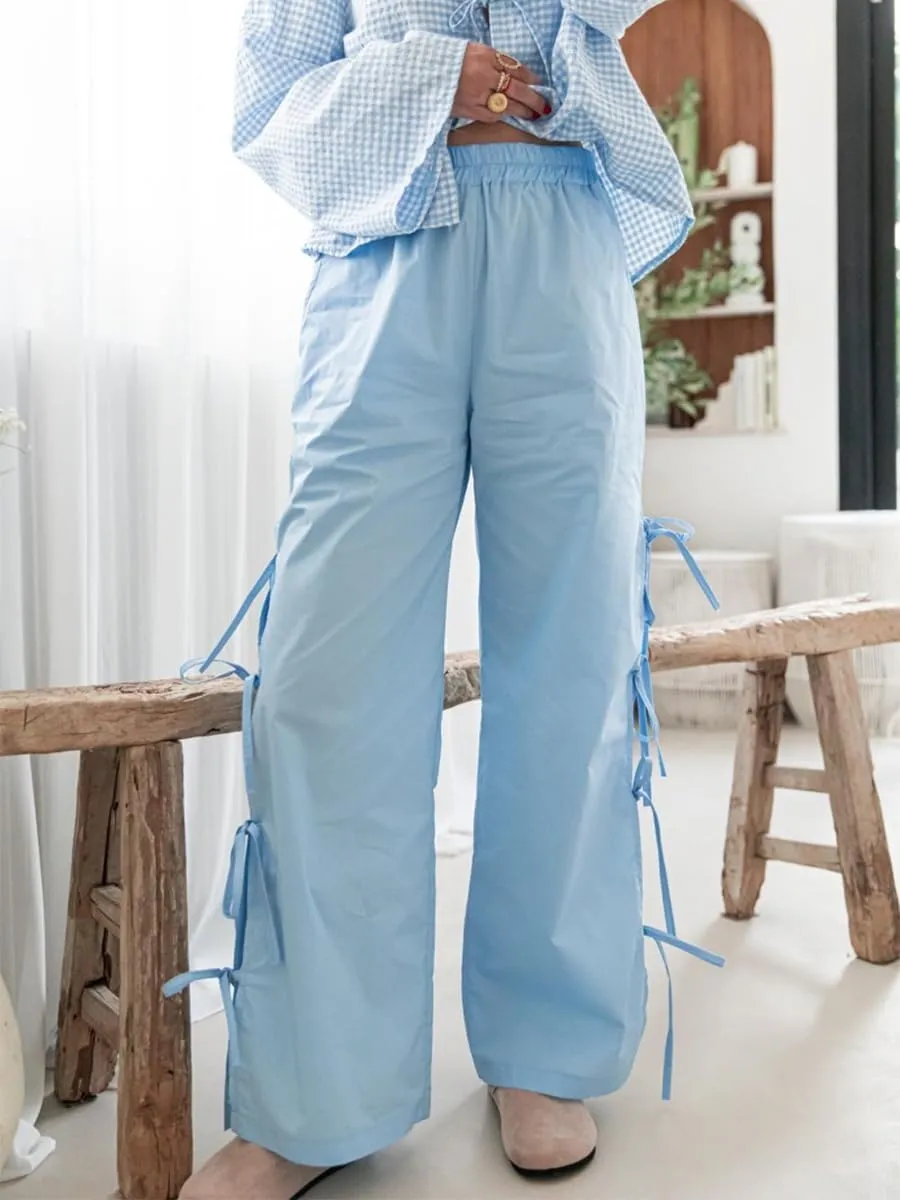 Women Y2K Plaid Stripe Pants Side Tie-Up Wide-Leg Straight Trousers Vintage Lounge Pants Sweatpants Pjs Bottoms