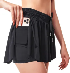 Womens 2 in 1 Flowy Shorts Quick-Dry Running Yoga Shorts Drawstring Fitness Workout Athletic Shorts