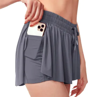 Womens 2 in 1 Flowy Shorts Quick-Dry Running Yoga Shorts Drawstring Fitness Workout Athletic Shorts