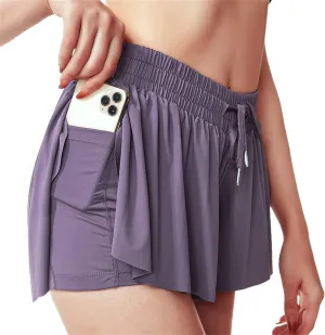 Womens 2 in 1 Flowy Shorts Quick-Dry Running Yoga Shorts Drawstring Fitness Workout Athletic Shorts