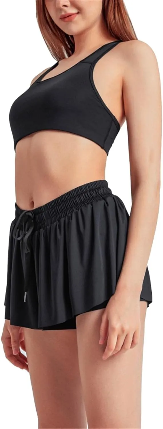Womens 2 in 1 Flowy Shorts Quick-Dry Running Yoga Shorts Drawstring Fitness Workout Athletic Shorts