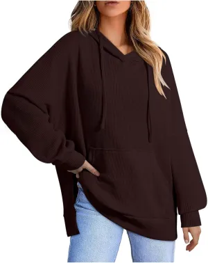 Women's 2024 Waffle Knit Hoodies Stylish Oversized Sweatshirts with Drawstring Hooded Lightweight Athletic Hoody Tops