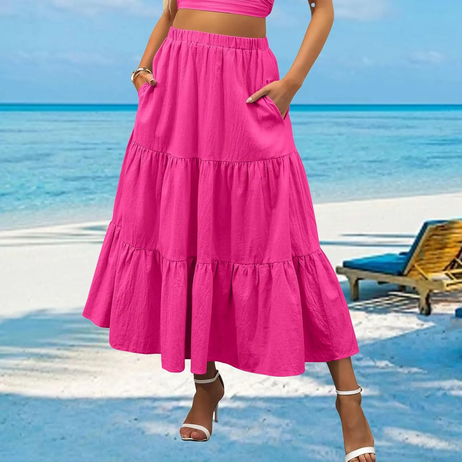 Womens Boho Bohemian Flowy Midi Long Summer Skirts Plus Size Elastic Waist Maxi Skirt Pleated Long Beach Dress