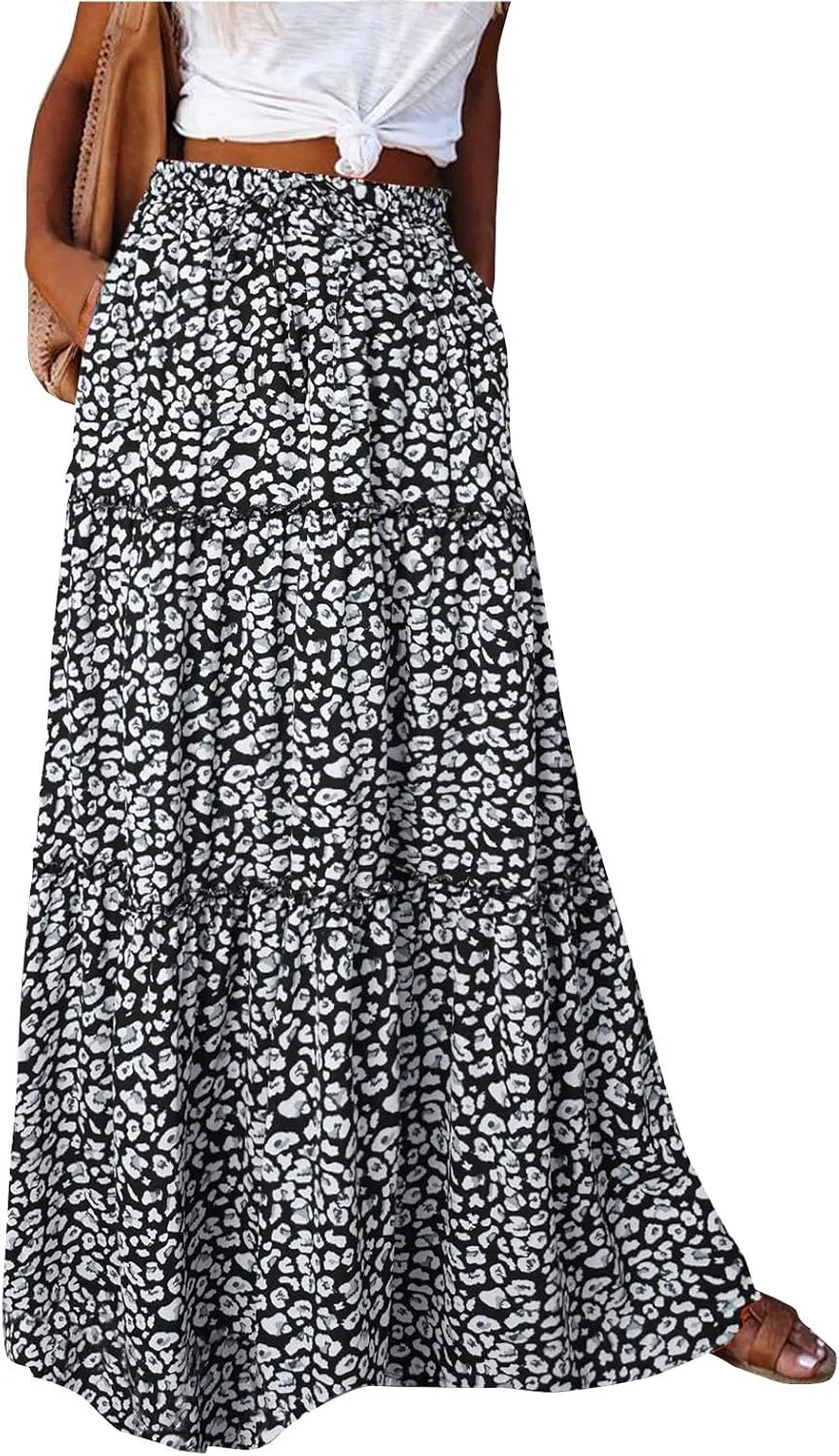 Womens Boho Tiered High Waist Tie Paisley Floral Print Long Maxi Skirt with Pockets