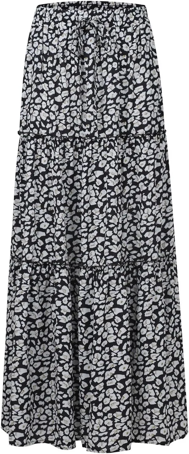 Womens Boho Tiered High Waist Tie Paisley Floral Print Long Maxi Skirt with Pockets