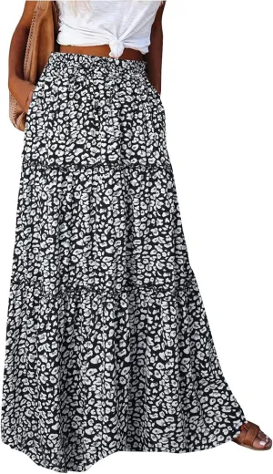 Womens Boho Tiered High Waist Tie Paisley Floral Print Long Maxi Skirt with Pockets
