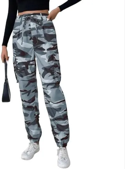 Women's Camouflage Multi-Pocket Cargo Pants - Casual Camo Print with Side Tie and Flap Pockets, Zipper Fly Closure
