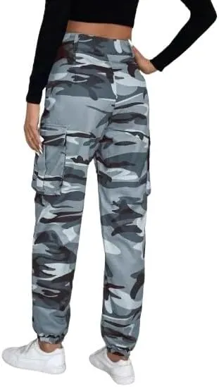 Women's Camouflage Multi-Pocket Cargo Pants - Casual Camo Print with Side Tie and Flap Pockets, Zipper Fly Closure