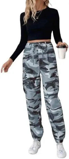 Women's Camouflage Multi-Pocket Cargo Pants - Casual Camo Print with Side Tie and Flap Pockets, Zipper Fly Closure