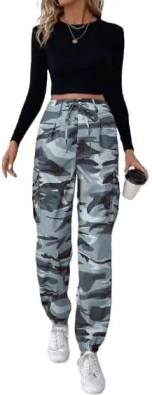 Women's Camouflage Multi-Pocket Cargo Pants - Casual Camo Print with Side Tie and Flap Pockets, Zipper Fly Closure