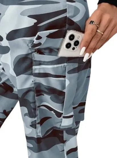 Women's Camouflage Multi-Pocket Cargo Pants - Casual Camo Print with Side Tie and Flap Pockets, Zipper Fly Closure