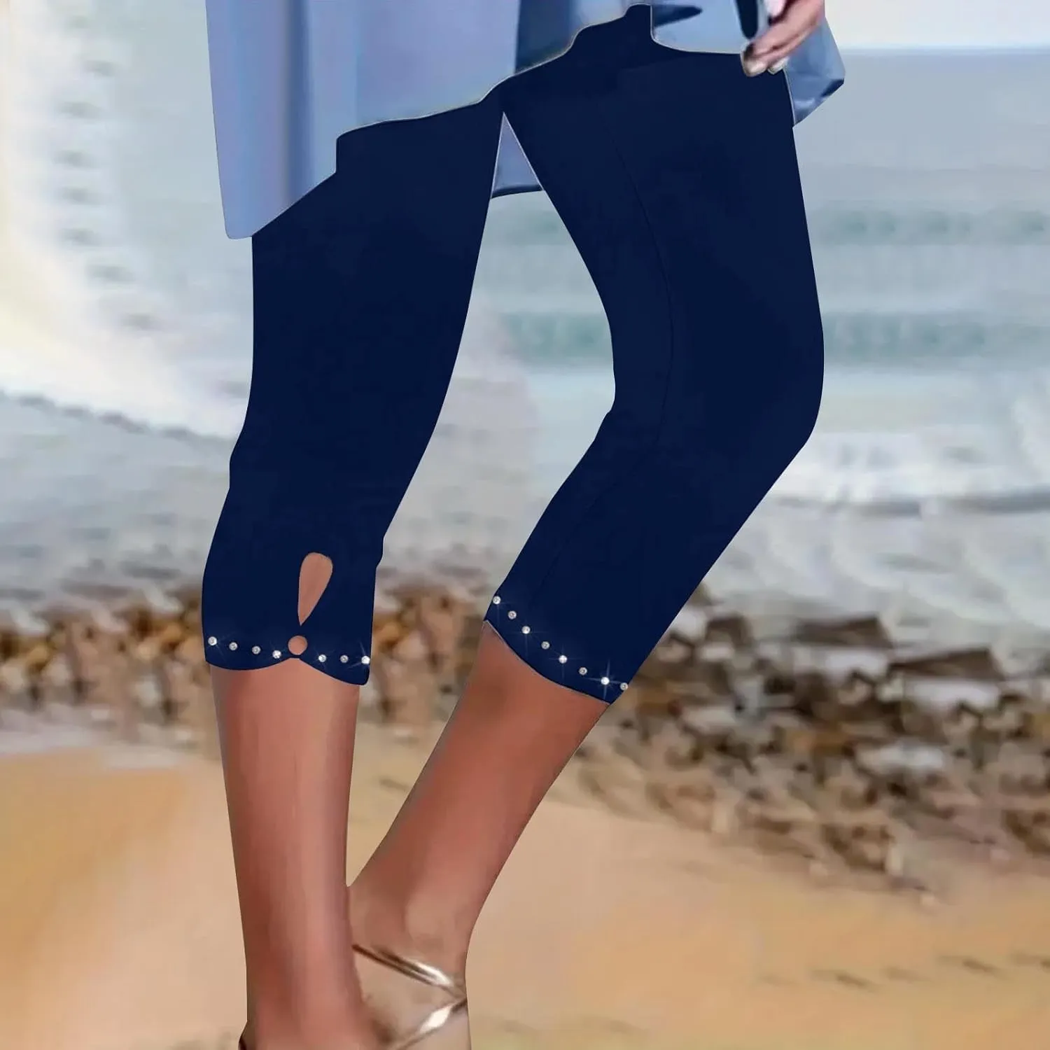 Women's Capri Leggings with Rhinestone 2025 Summer High Waist Cropped Yoga Pants Cutout Keyhole Stretchy Capri Tights