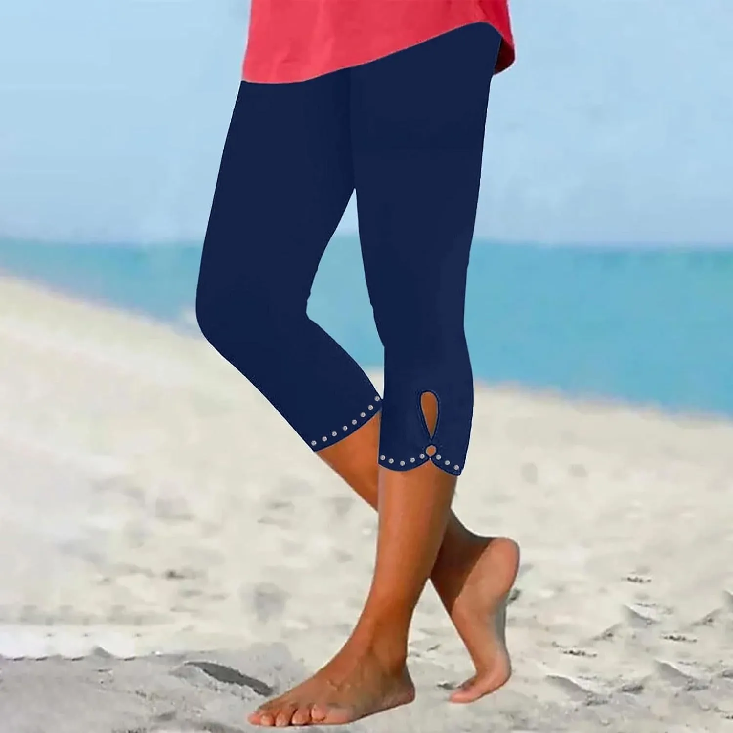 Women's Capri Leggings with Rhinestone 2025 Summer High Waist Cropped Yoga Pants Cutout Keyhole Stretchy Capri Tights