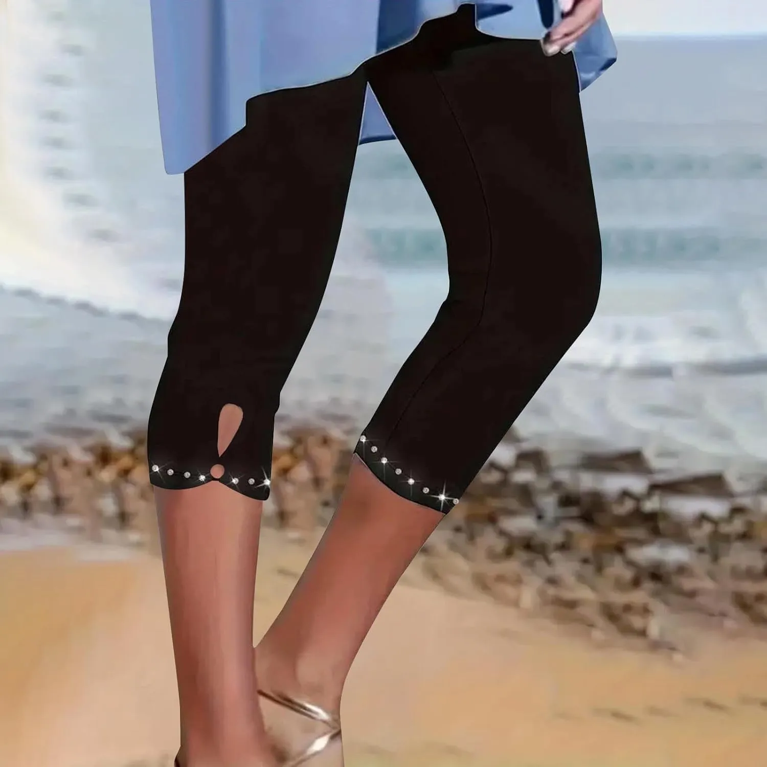 Women's Capri Leggings with Rhinestone 2025 Summer High Waist Cropped Yoga Pants Cutout Keyhole Stretchy Capri Tights