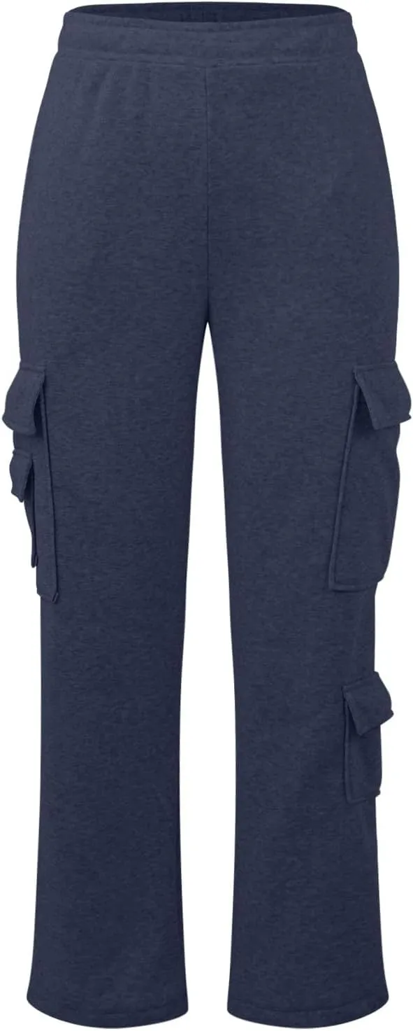 Womens Cargo Sweatpants Oversized Fleece Joggers with Pockets Elastic Waist Cargo Pants Baggy Straight Leg Sweatpants