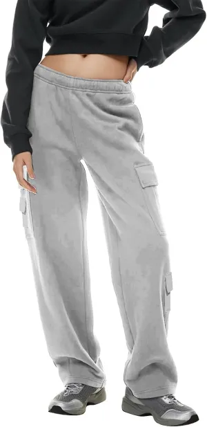 Womens Cargo Sweatpants Oversized Fleece Joggers with Pockets Elastic Waist Cargo Pants Baggy Straight Leg Sweatpants