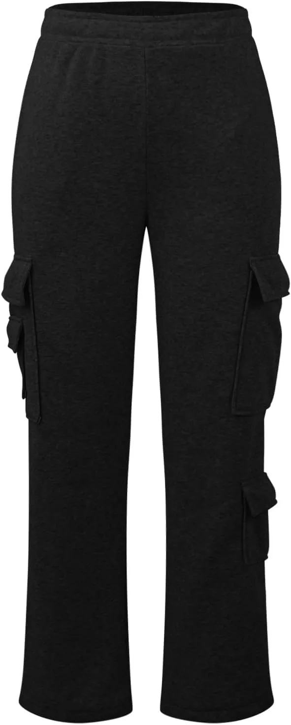 Womens Cargo Sweatpants Oversized Fleece Joggers with Pockets Elastic Waist Cargo Pants Baggy Straight Leg Sweatpants