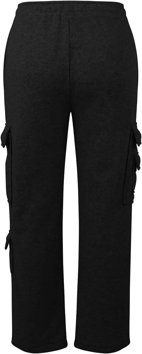 Womens Cargo Sweatpants Oversized Fleece Joggers with Pockets Elastic Waist Cargo Pants Baggy Straight Leg Sweatpants