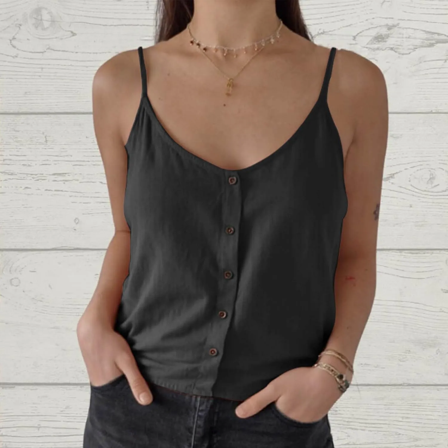 Women's Cotton Linen Camisole Tops Fashion Beach Sexy Tops Summer Button Down Tank Top Solid Vacation Comfy Clothes