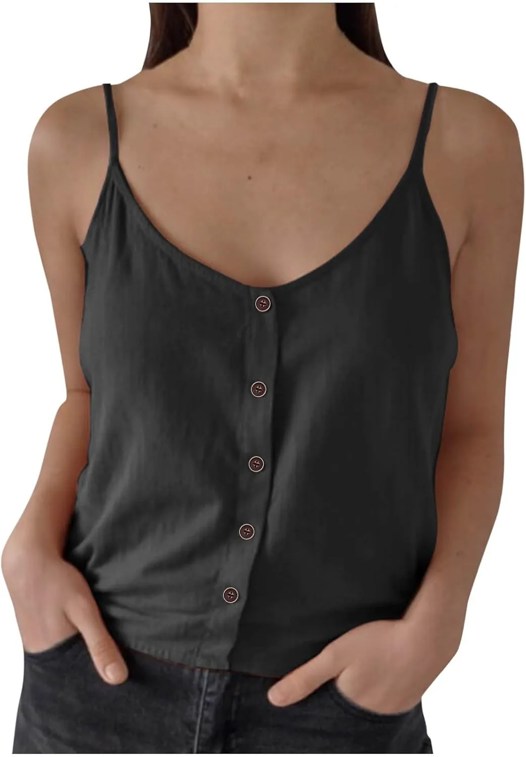 Women's Cotton Linen Camisole Tops Fashion Beach Sexy Tops Summer Button Down Tank Top Solid Vacation Comfy Clothes