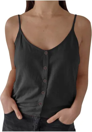 Women's Cotton Linen Camisole Tops Fashion Beach Sexy Tops Summer Button Down Tank Top Solid Vacation Comfy Clothes