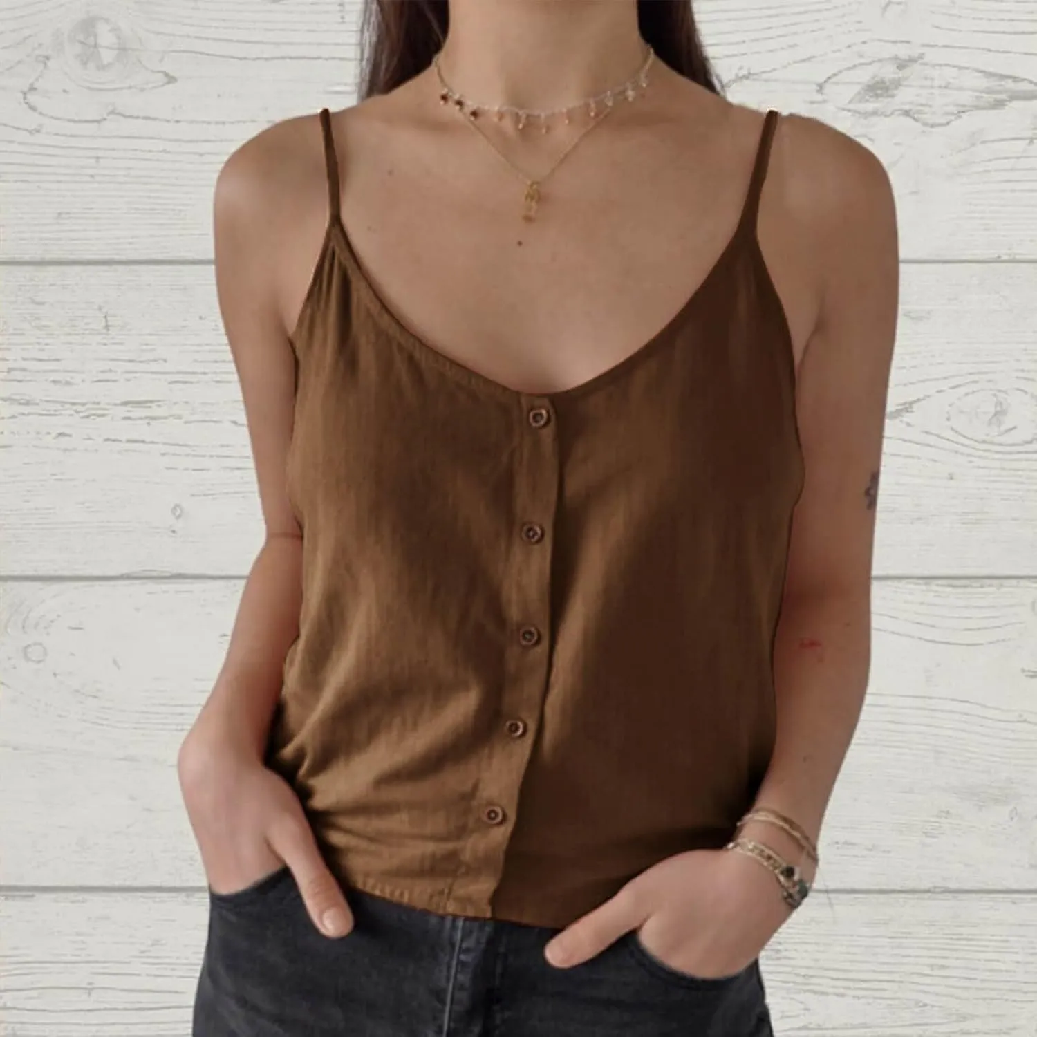 Women's Cotton Linen Camisole Tops Fashion Beach Sexy Tops Summer Button Down Tank Top Solid Vacation Comfy Clothes