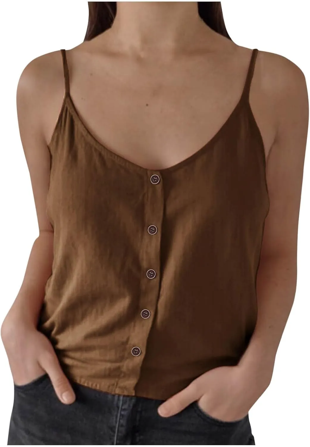 Women's Cotton Linen Camisole Tops Fashion Beach Sexy Tops Summer Button Down Tank Top Solid Vacation Comfy Clothes