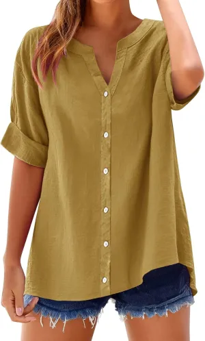Womens Cotton Linen Shirts 3/4 Sleeve Summer Vacation Tunic Tops Oversized Tshirts Casual V Neck Dressy Blouses
