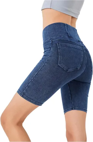 Women's Crossover High Waisted High Stretch Denim Yoga Cycling Athletic Shorts with Pockets