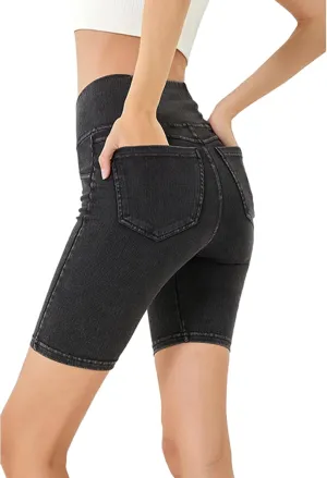 Women's Crossover High Waisted High Stretch Denim Yoga Cycling Athletic Shorts with Pockets