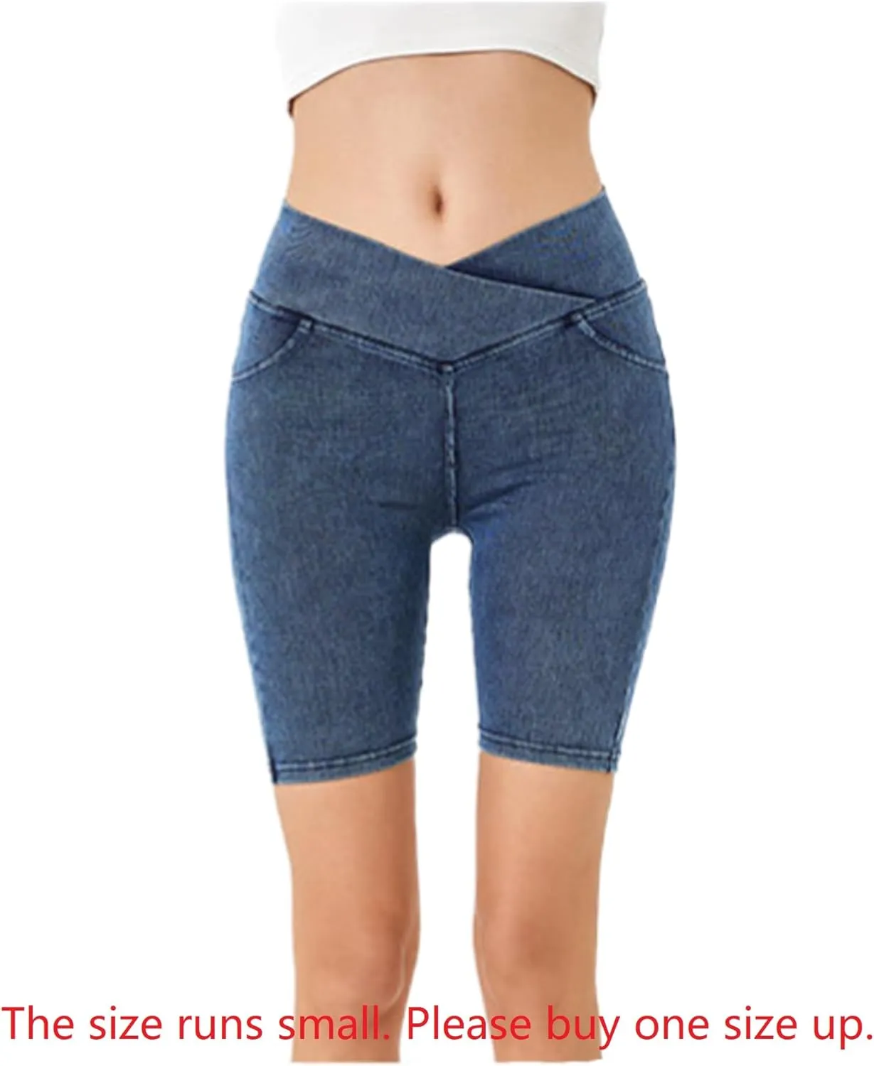 Women's Crossover High Waisted High Stretch Denim Yoga Cycling Athletic Shorts with Pockets