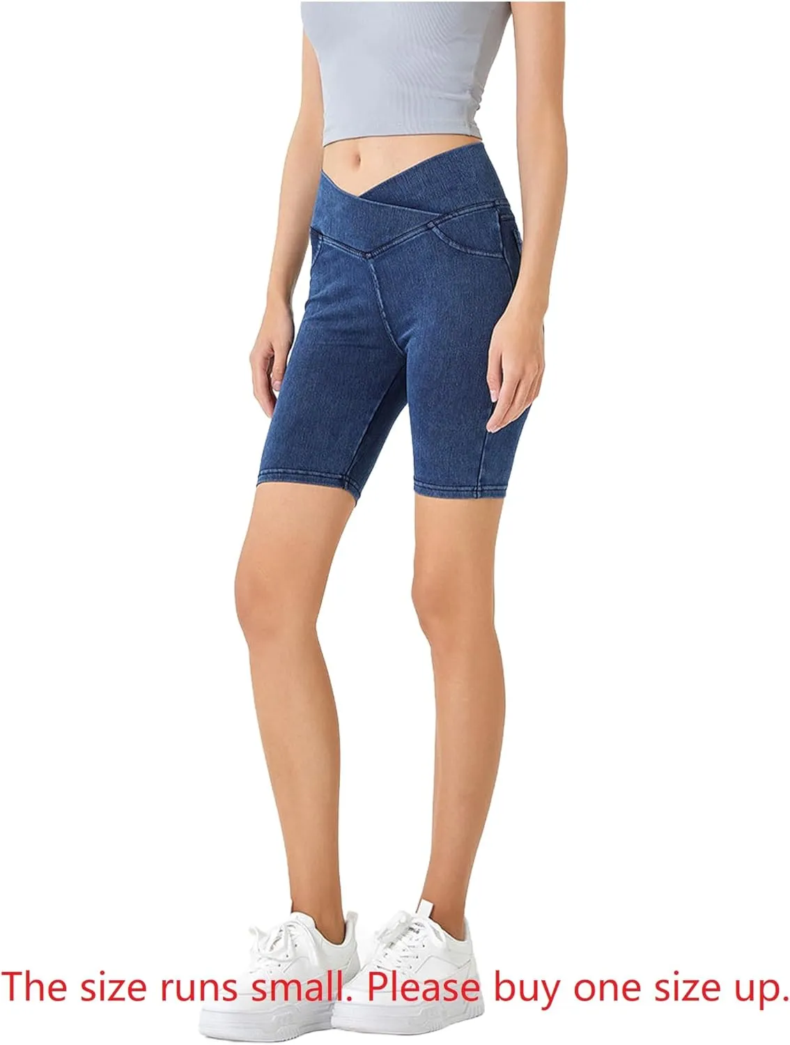 Women's Crossover High Waisted High Stretch Denim Yoga Cycling Athletic Shorts with Pockets