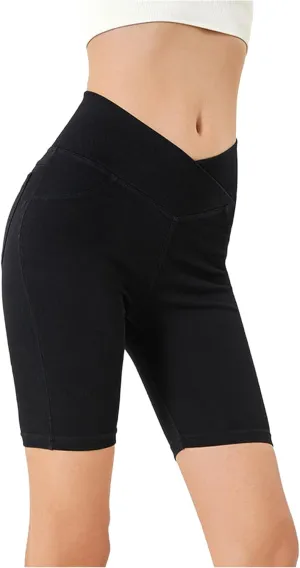 Women's Crossover High Waisted High Stretch Denim Yoga Cycling Athletic Shorts with Pockets