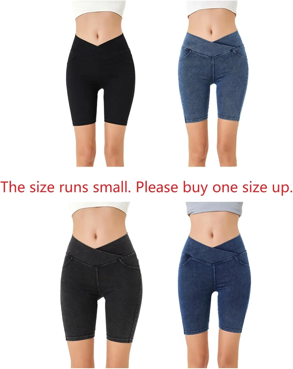 Women's Crossover High Waisted High Stretch Denim Yoga Cycling Athletic Shorts with Pockets