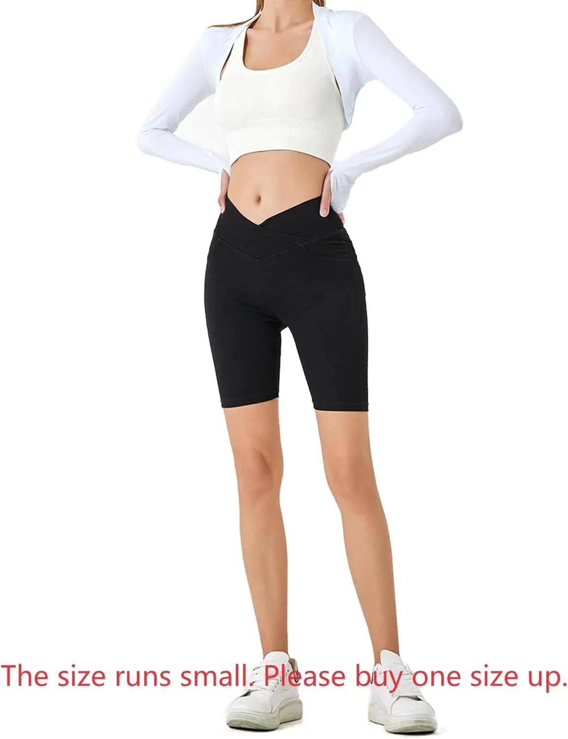 Women's Crossover High Waisted High Stretch Denim Yoga Cycling Athletic Shorts with Pockets
