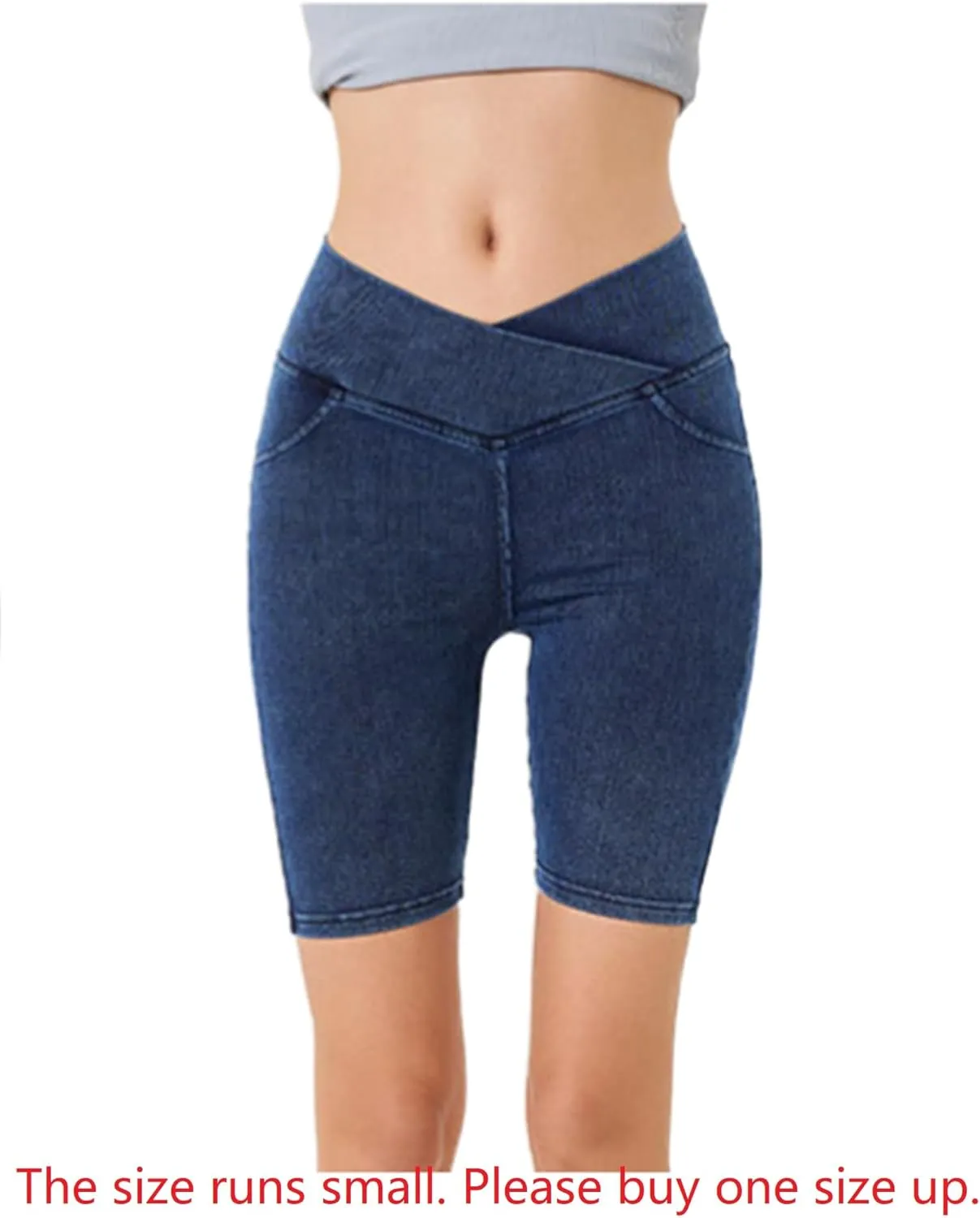 Women's Crossover High Waisted High Stretch Denim Yoga Cycling Athletic Shorts with Pockets