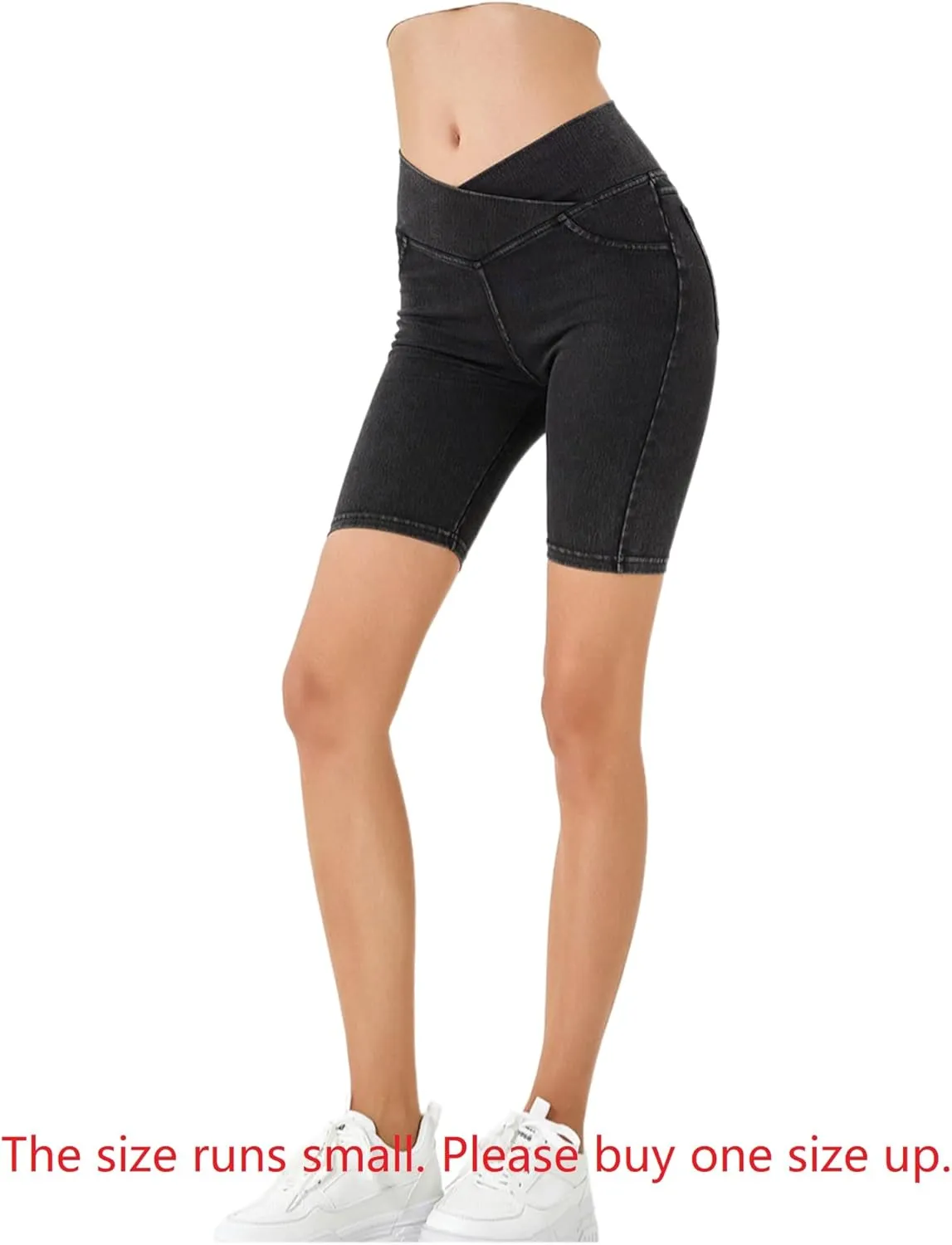 Women's Crossover High Waisted High Stretch Denim Yoga Cycling Athletic Shorts with Pockets