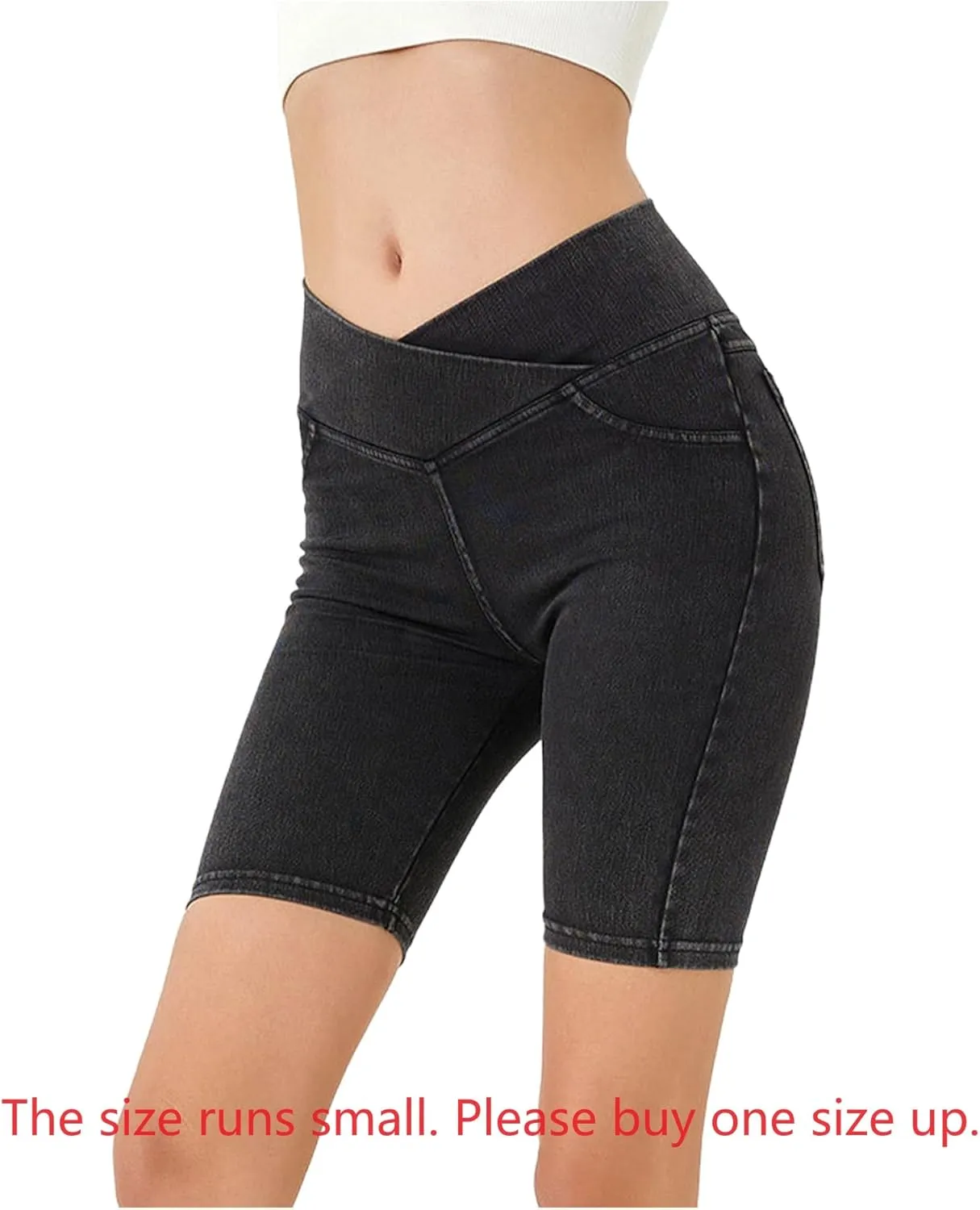 Women's Crossover High Waisted High Stretch Denim Yoga Cycling Athletic Shorts with Pockets