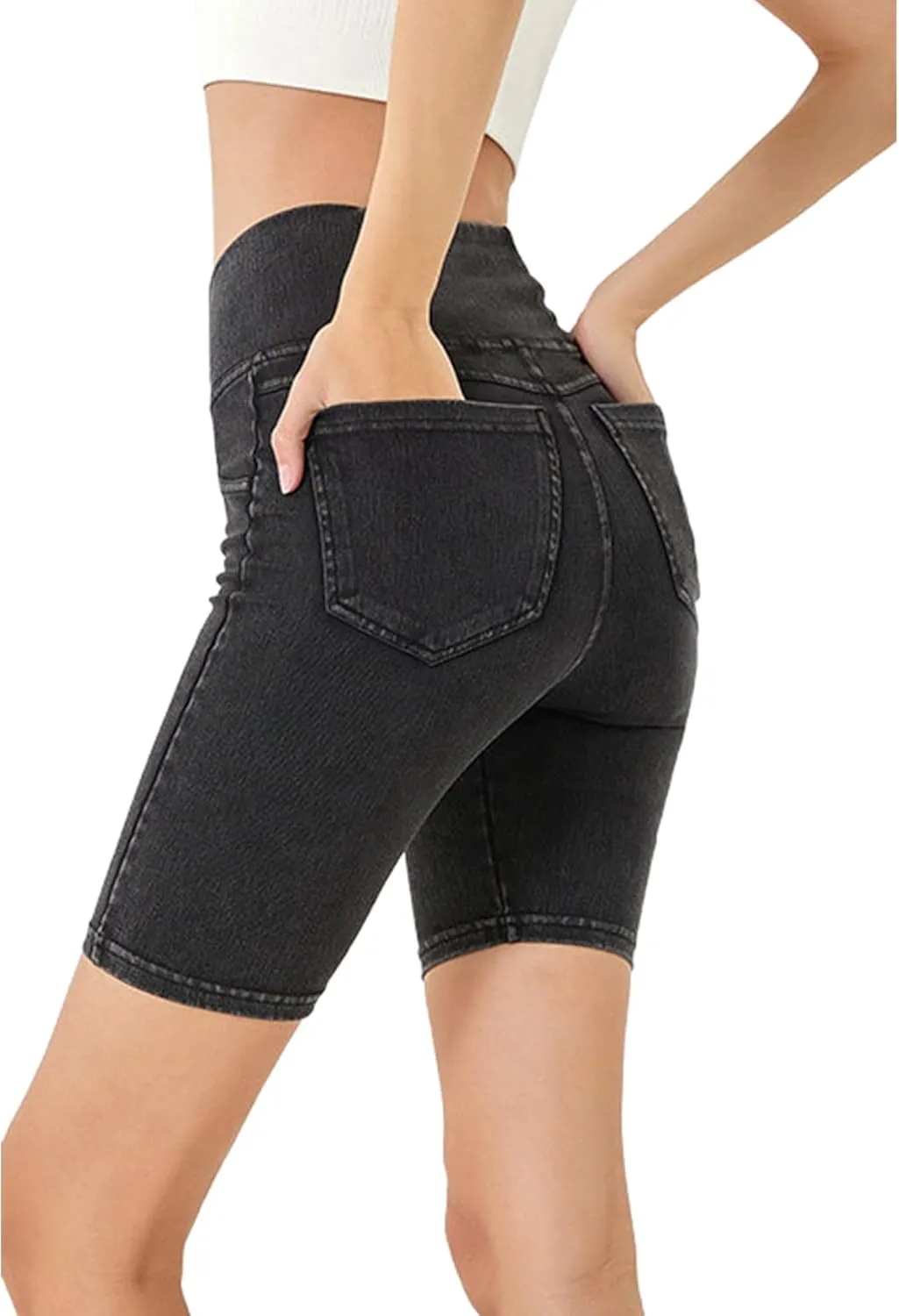 Women's Crossover High Waisted High Stretch Denim Yoga Cycling Athletic Shorts with Pockets