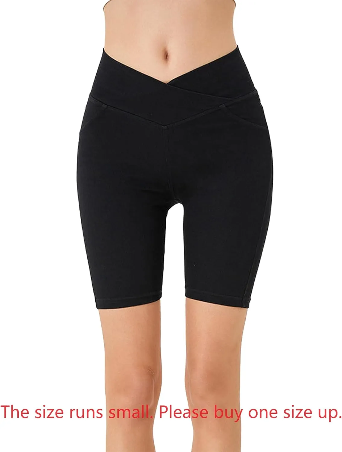 Women's Crossover High Waisted High Stretch Denim Yoga Cycling Athletic Shorts with Pockets