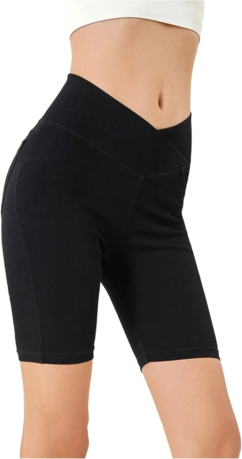 Women's Crossover High Waisted High Stretch Denim Yoga Cycling Athletic Shorts with Pockets