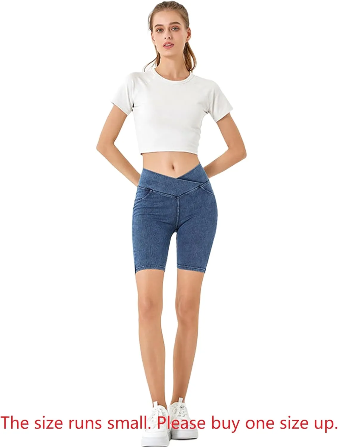 Women's Crossover High Waisted High Stretch Denim Yoga Cycling Athletic Shorts with Pockets